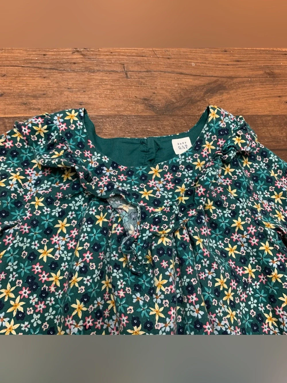 Baby Gap girl's Dress Sz 3 green Floral Print ruffled neckline Long Sleeve